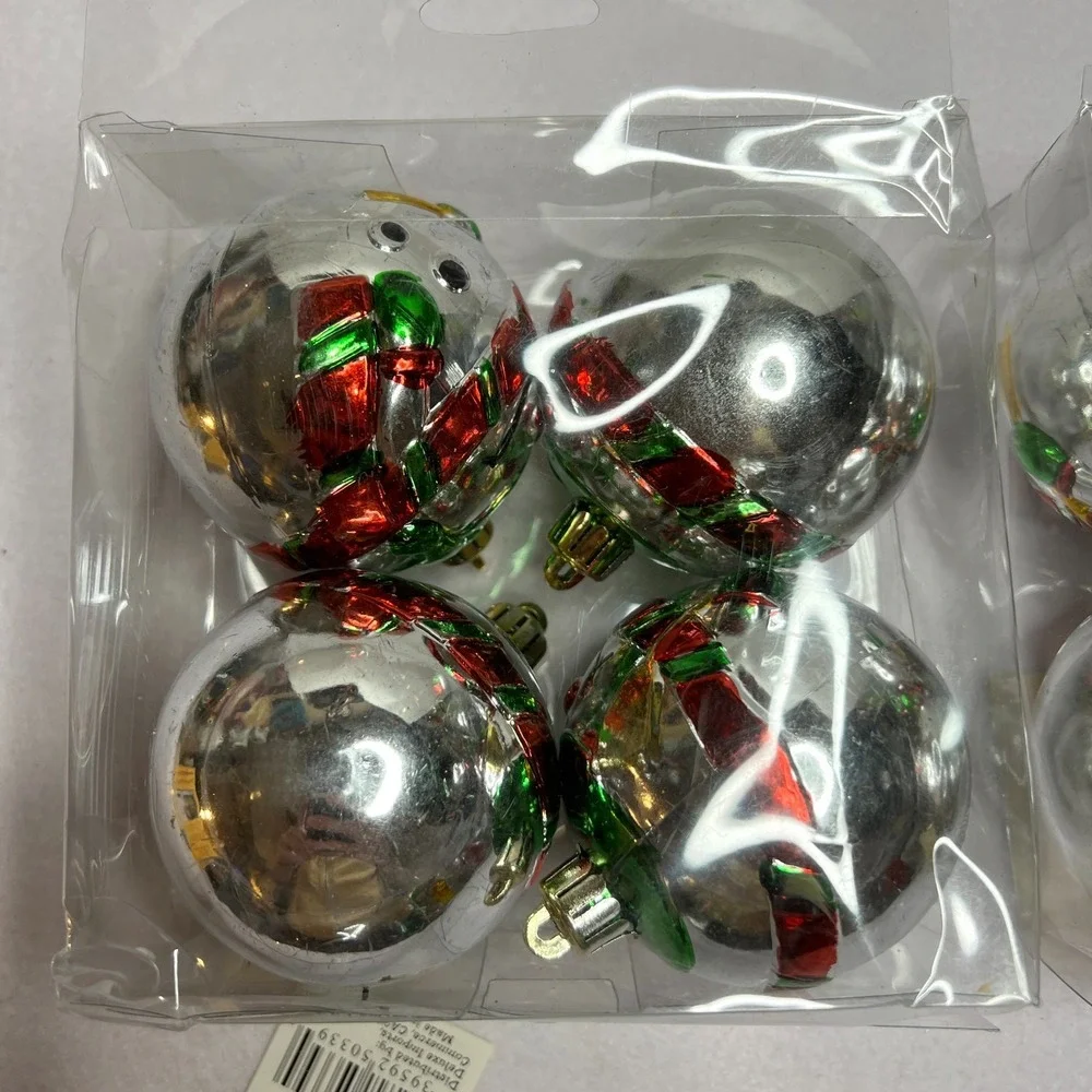 Hand Painted Snowman Christmas Ornaments Metallic Plastic Set of 8 Vintage Style